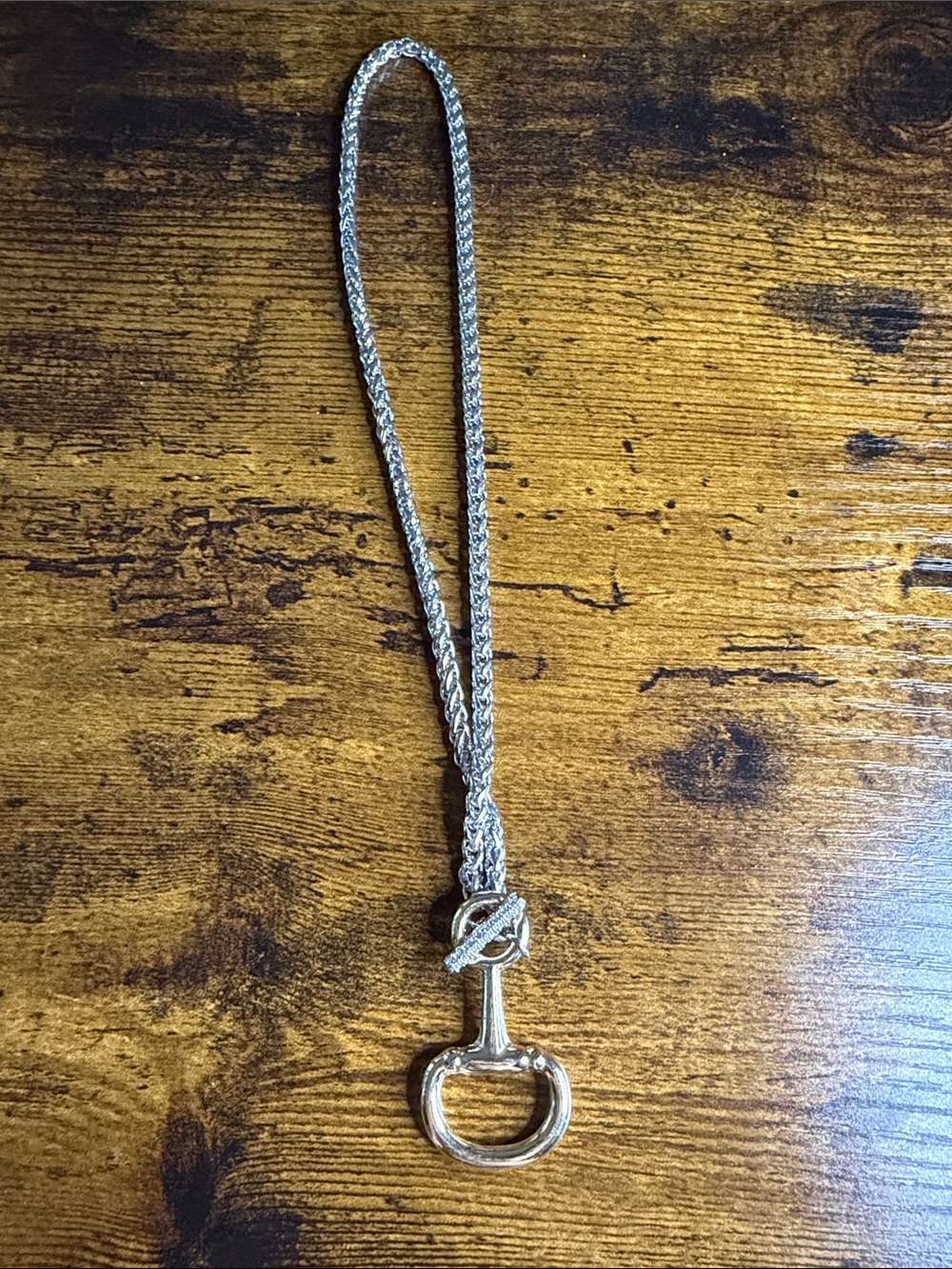 Silver Tone Braided Rope Necklace with gold tone Horsebit Pendant CZs